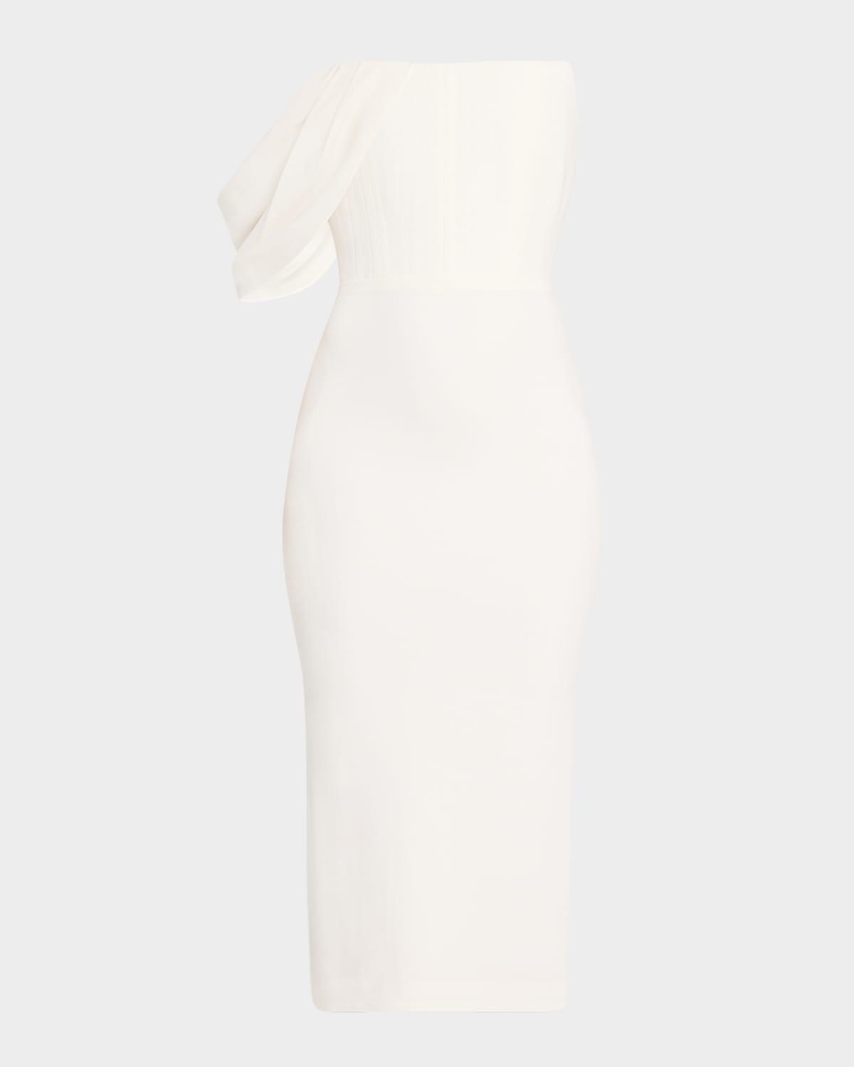 draped-sleeve corset crepe midi dress