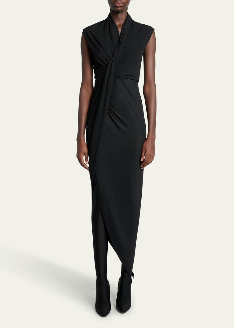 draped sleeveless asymmetric midi dress