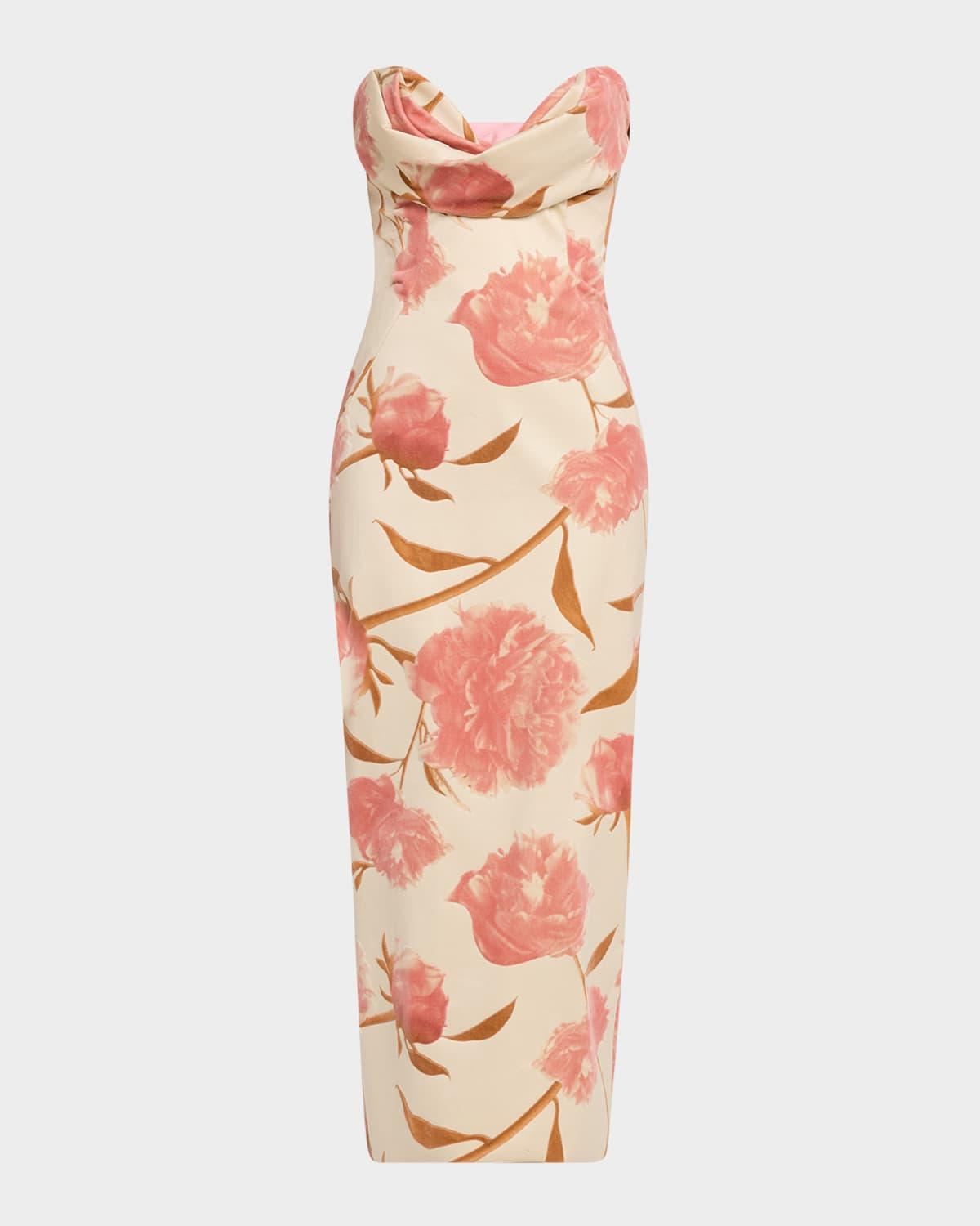 draped strapless floral sheath midi dress