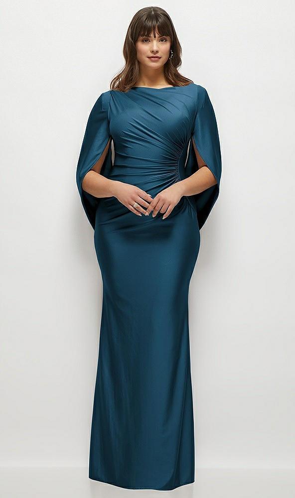draped stretch satin maxi dress with built-in capelet