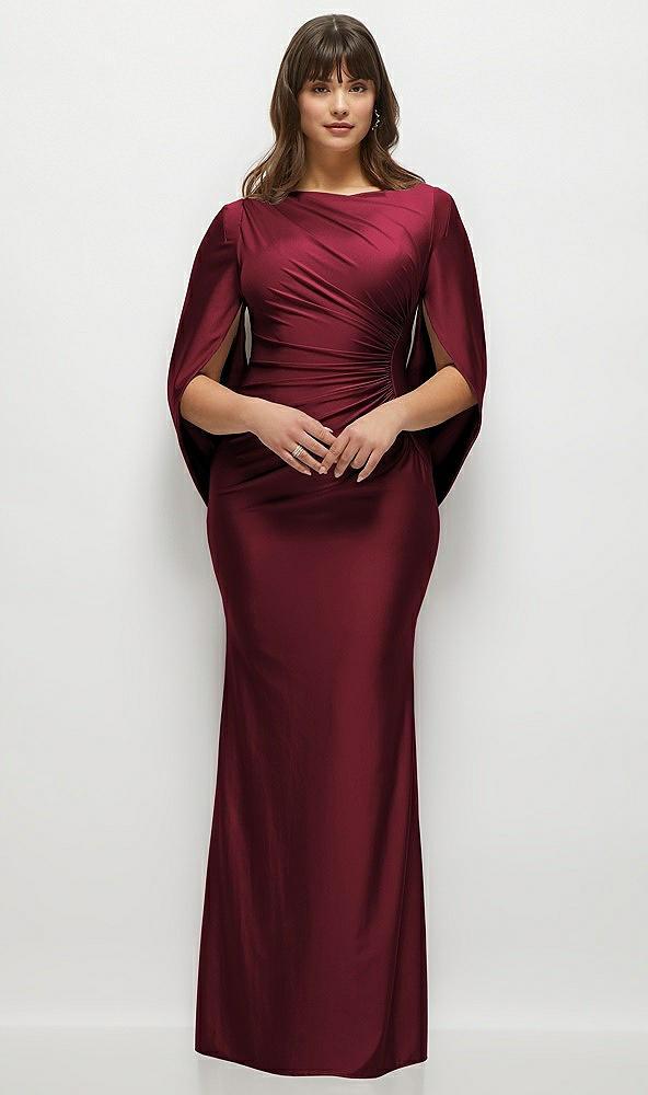 draped stretch satin maxi dress with built-in capelet