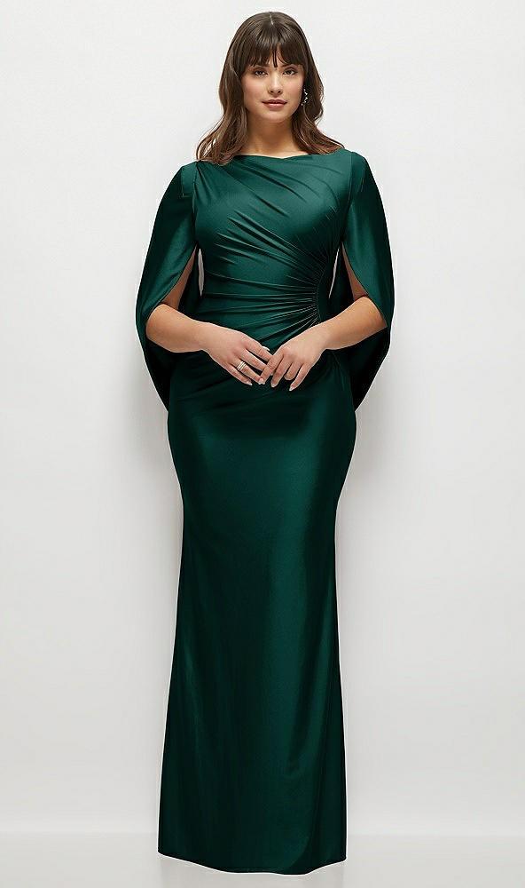 draped stretch satin maxi dress with built-in capelet