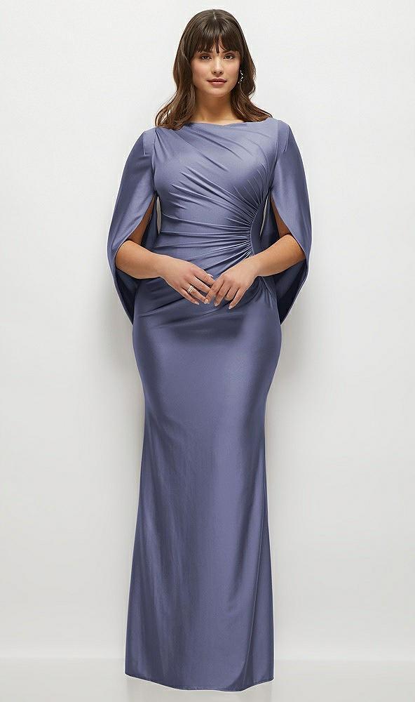 draped stretch satin maxi dress with built-in capelet