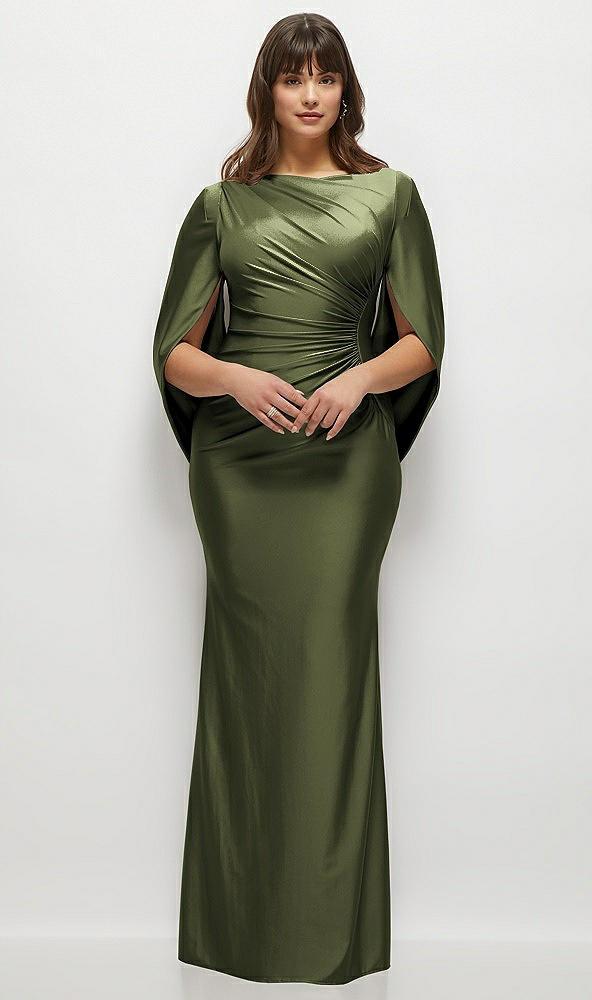 draped stretch satin maxi dress with built-in capelet