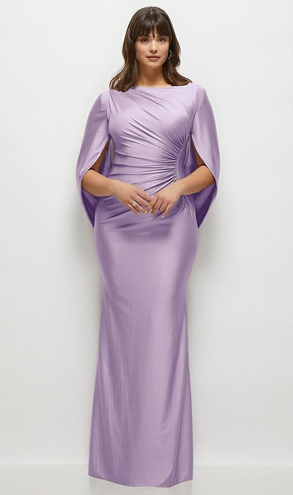 draped stretch satin maxi dress with built-in capelet