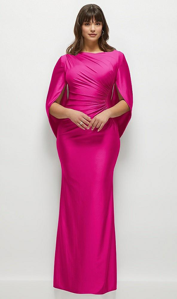 draped stretch satin maxi dress with built-in capelet