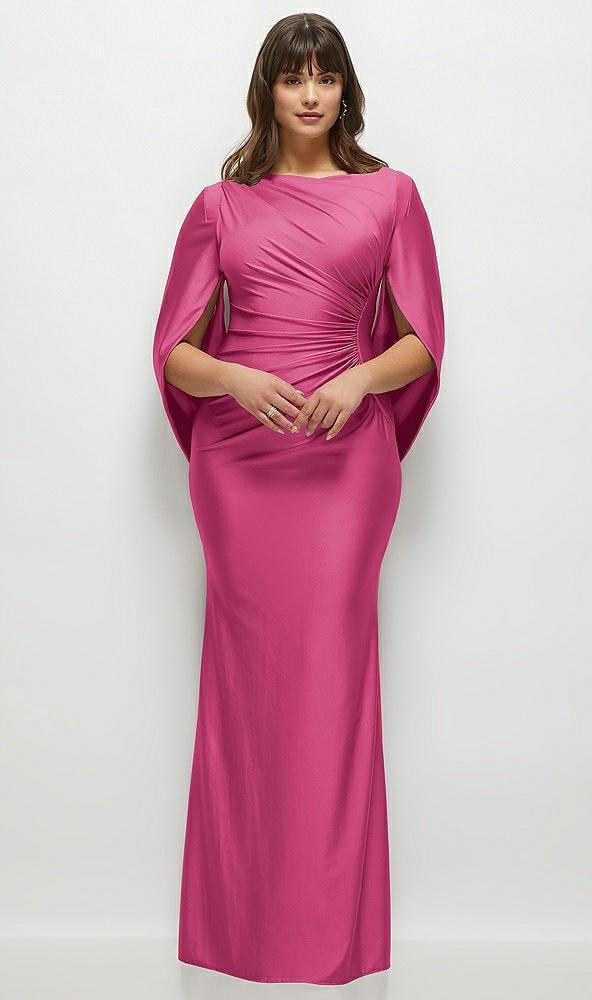 draped stretch satin maxi dress with built-in capelet