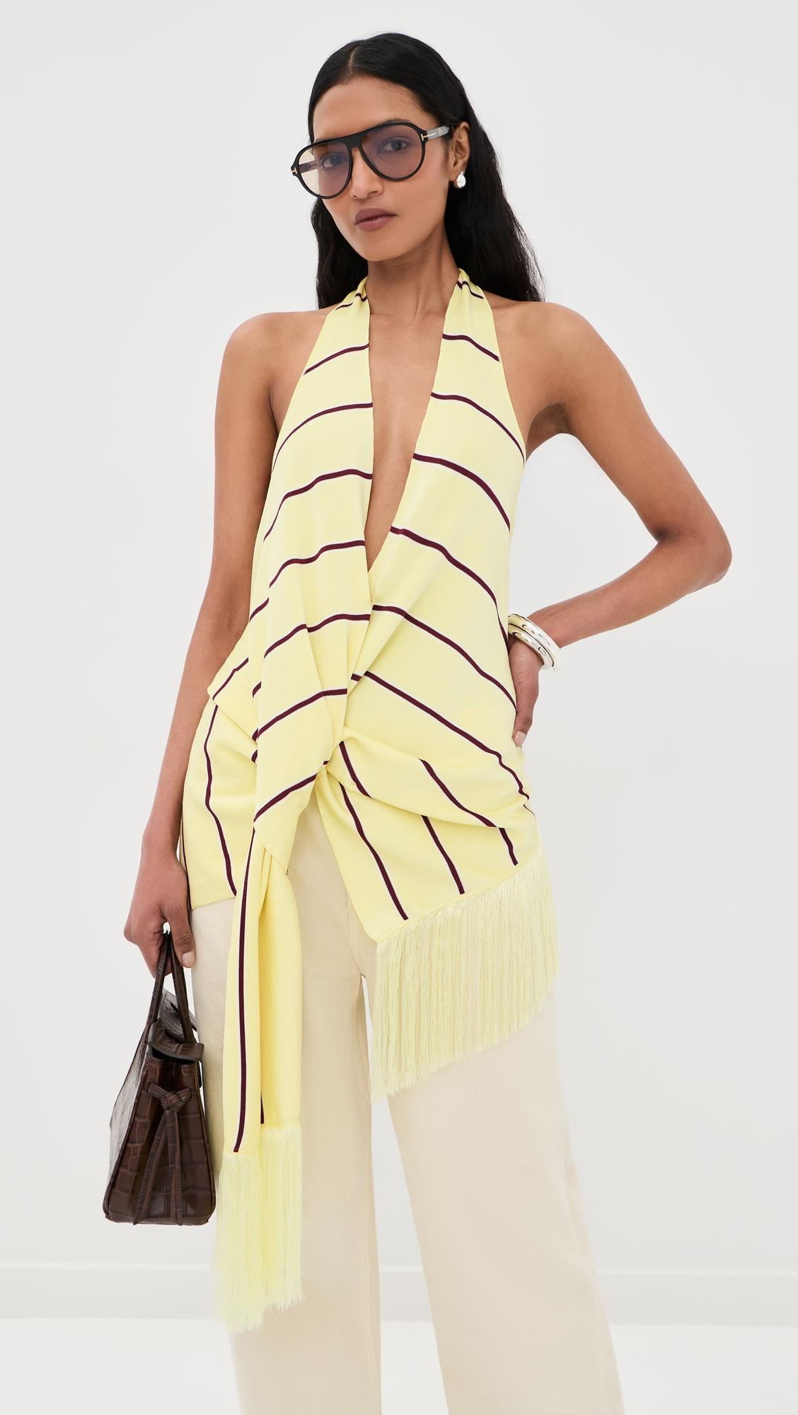draped stripe halter top with fringe