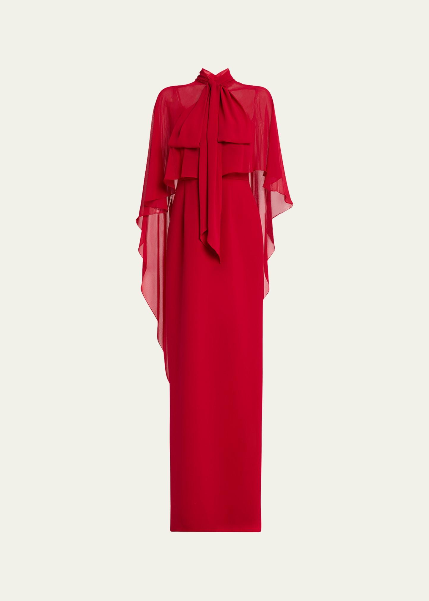 draped tie-neck cape column gown