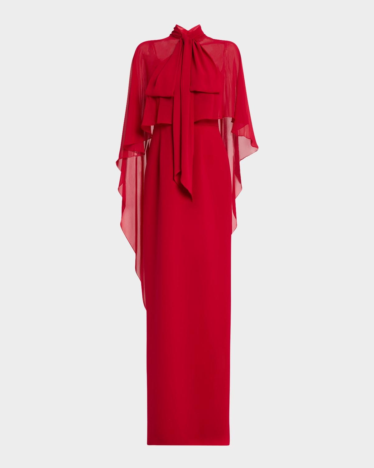 draped tie-neck cape column gown