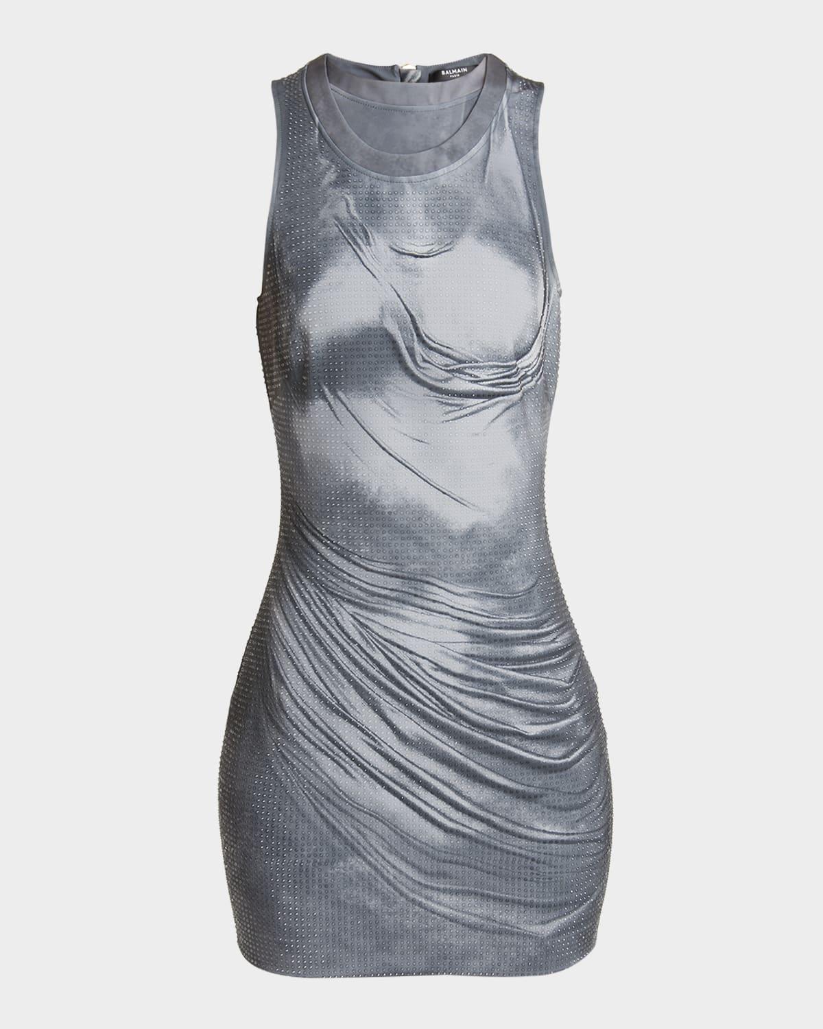 draped trompe loeil strass metallic mini dress