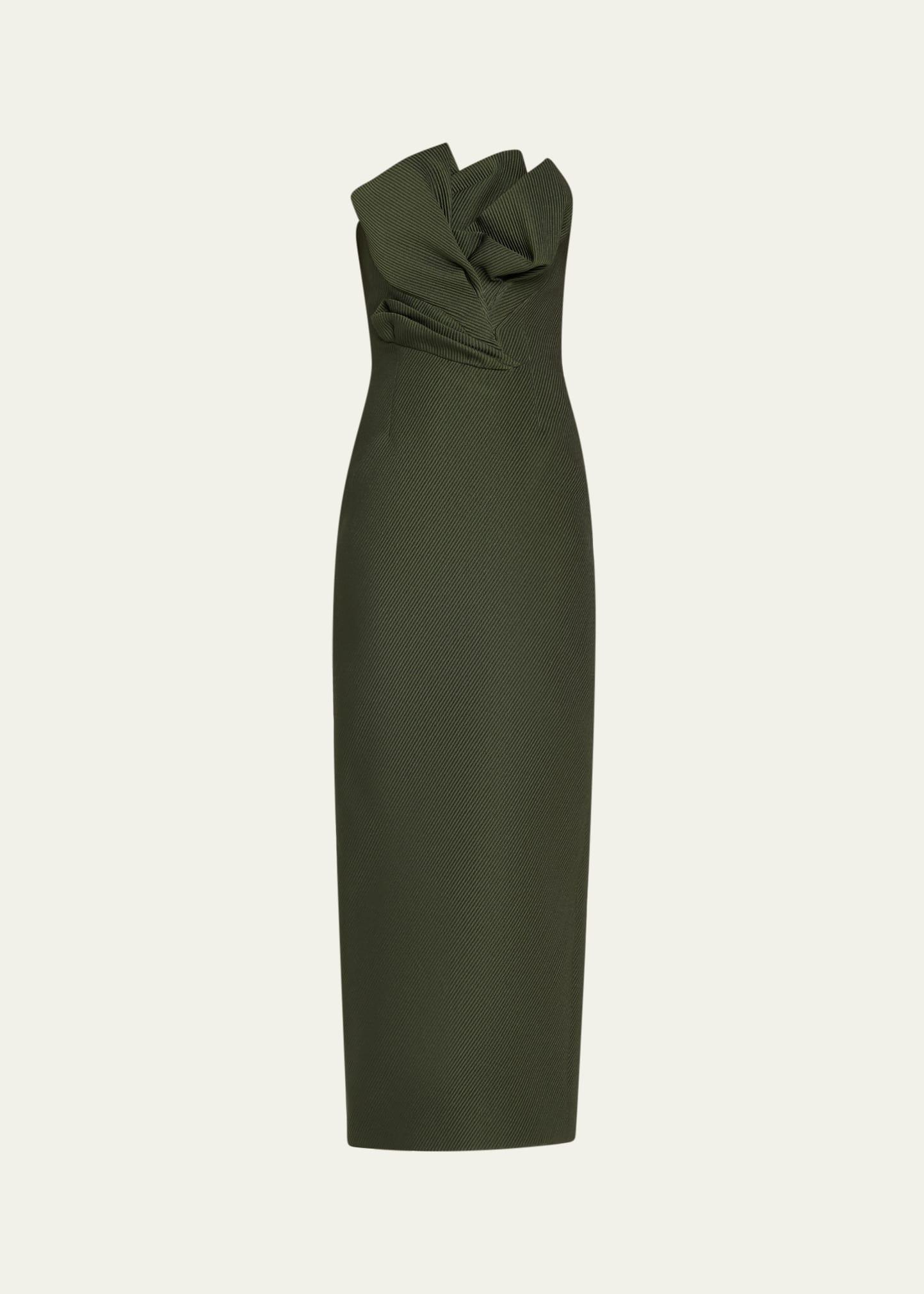 draped tulip strapless sheath ankle dress