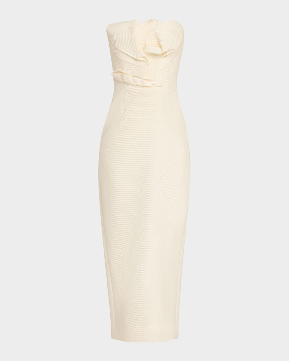 draped tulip strapless sheath ankle dress