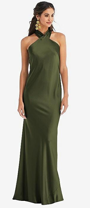 draped twist halter tie-back trumpet gown