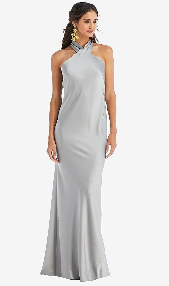 draped twist halter tie-back trumpet gown