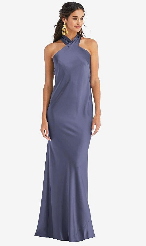 draped twist halter tie-back trumpet gown