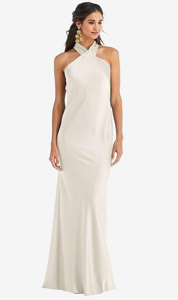 draped twist halter tie-back trumpet gown