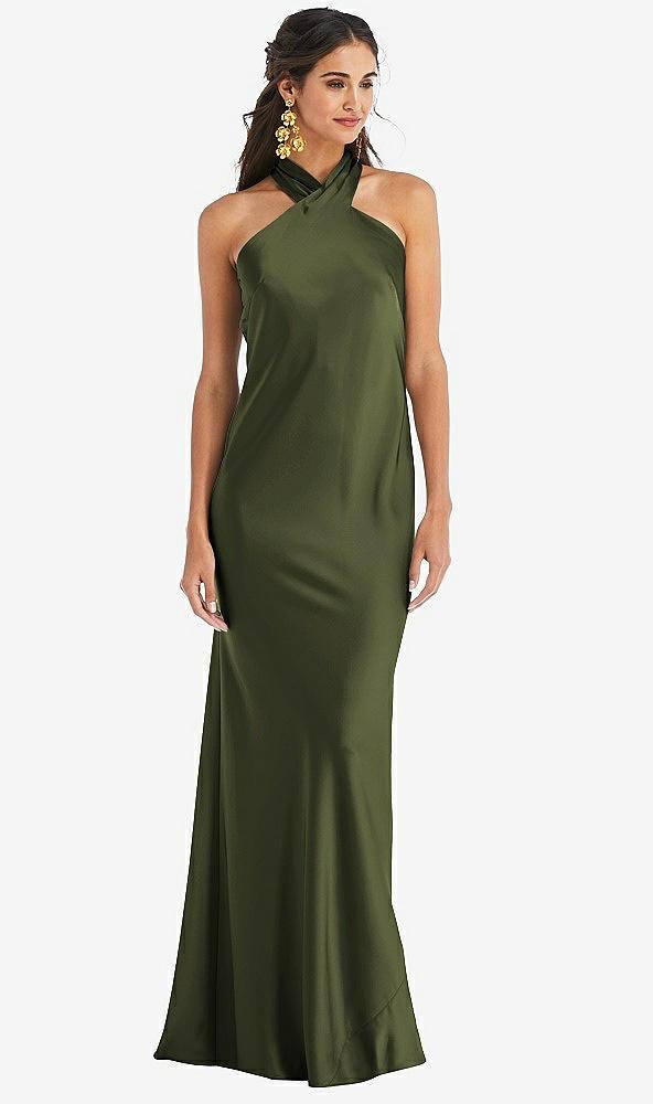 draped twist halter tie-back trumpet gown