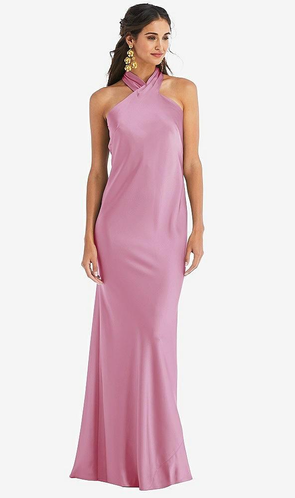 draped twist halter tie-back trumpet gown
