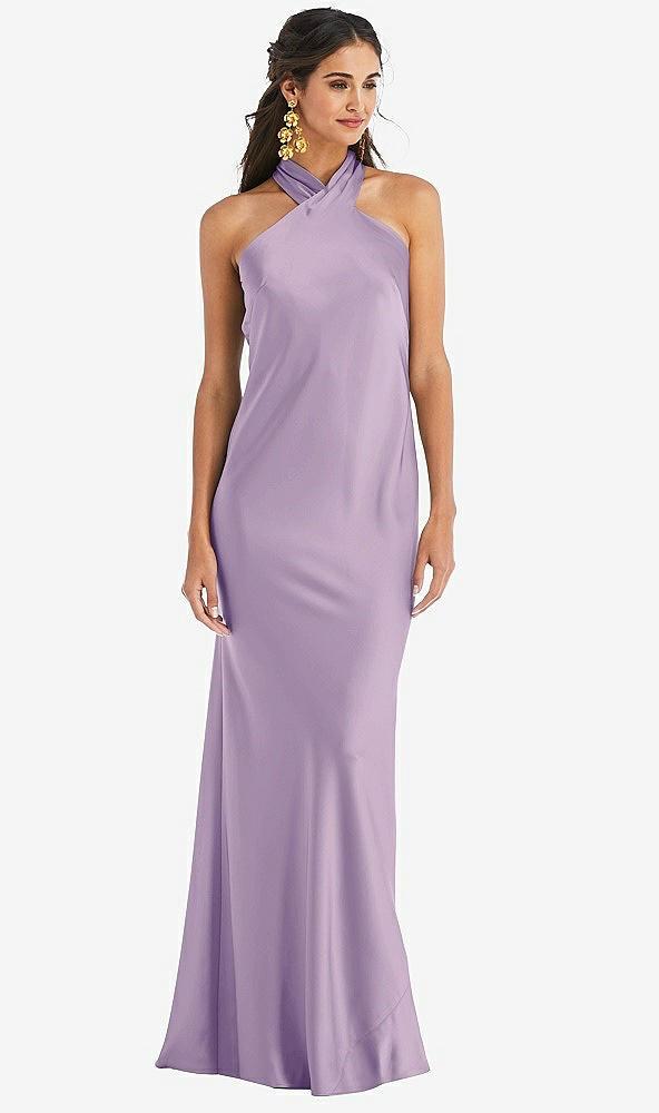 draped twist halter tie-back trumpet gown