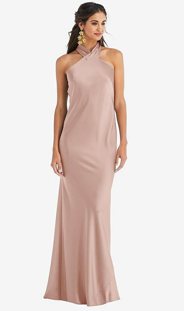 draped twist halter tie-back trumpet gown