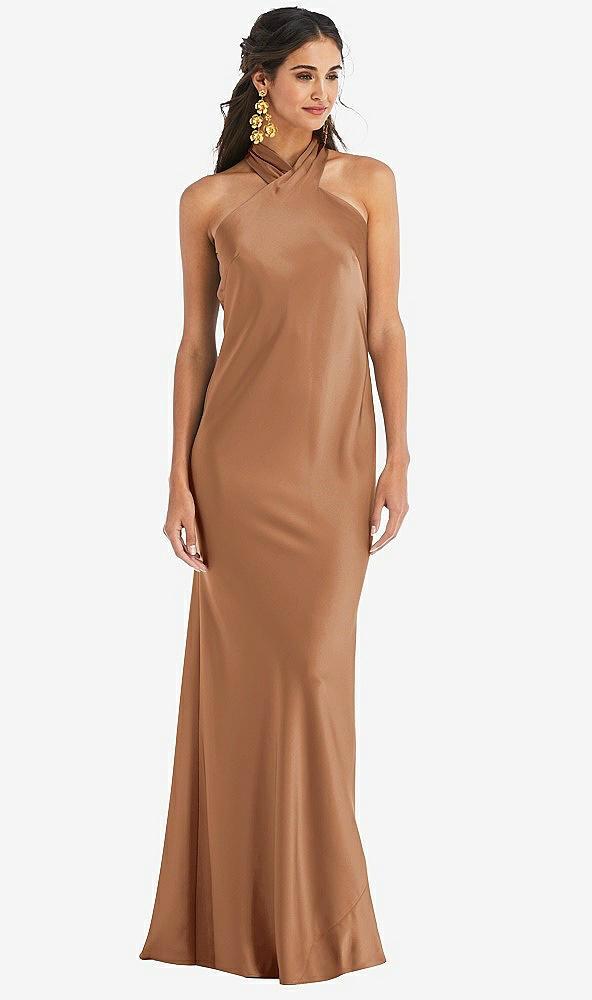 draped twist halter tie-back trumpet gown