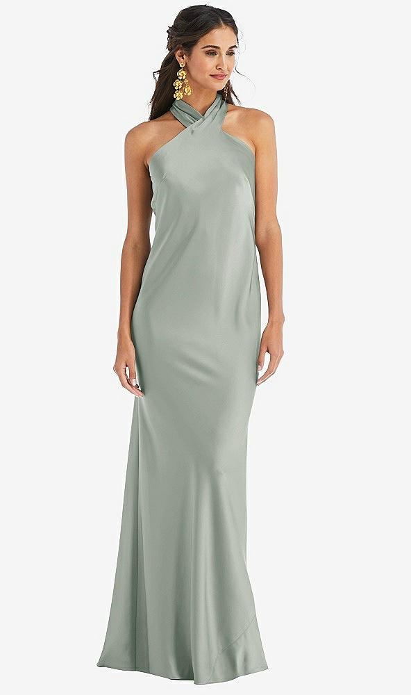 draped twist halter tie-back trumpet gown