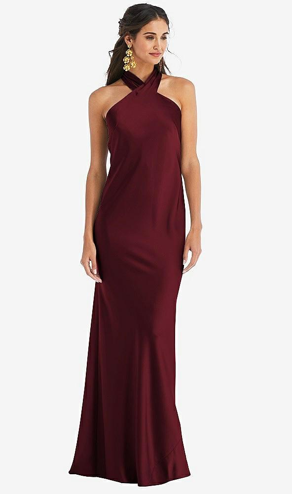 draped twist halter tie-back trumpet gown