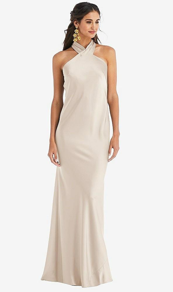 draped twist halter tie-back trumpet gown