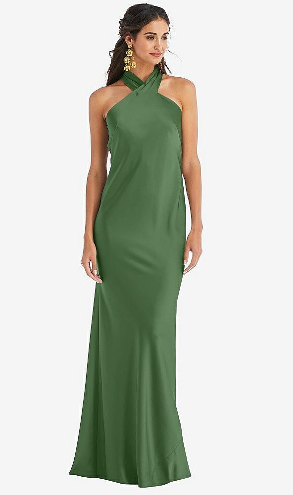 draped twist halter tie-back trumpet gown