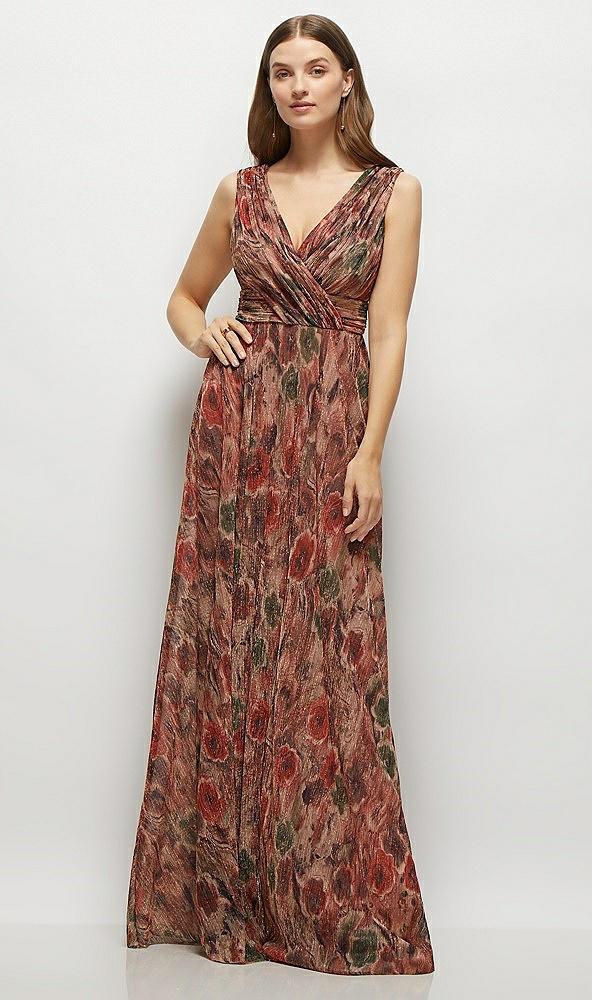 draped v-neck fall floral pleated metallic maxi dress