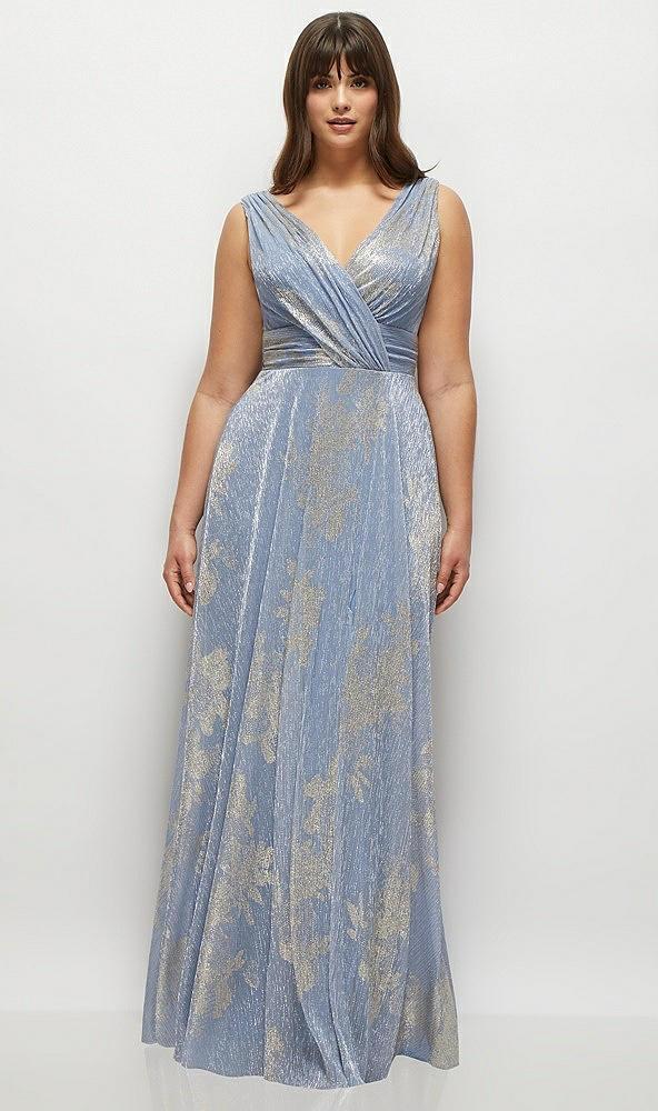 draped v-neck gold floral metallic pleated maxi dress