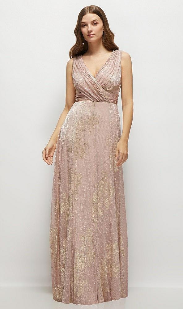 draped v-neck gold floral metallic pleated maxi dress