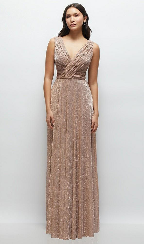 draped v-neck pleated metallic maxi dress with deep v-back