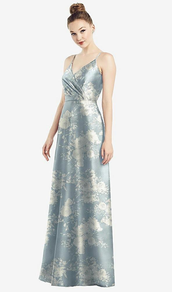 draped wrap floral satin maxi dress with pockets