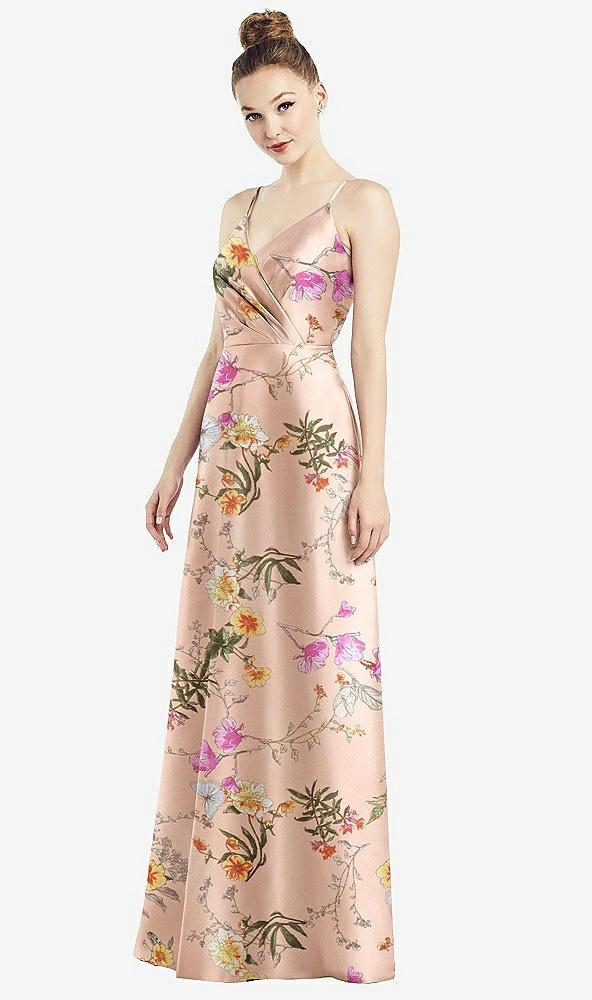 draped wrap floral satin maxi dress with pockets