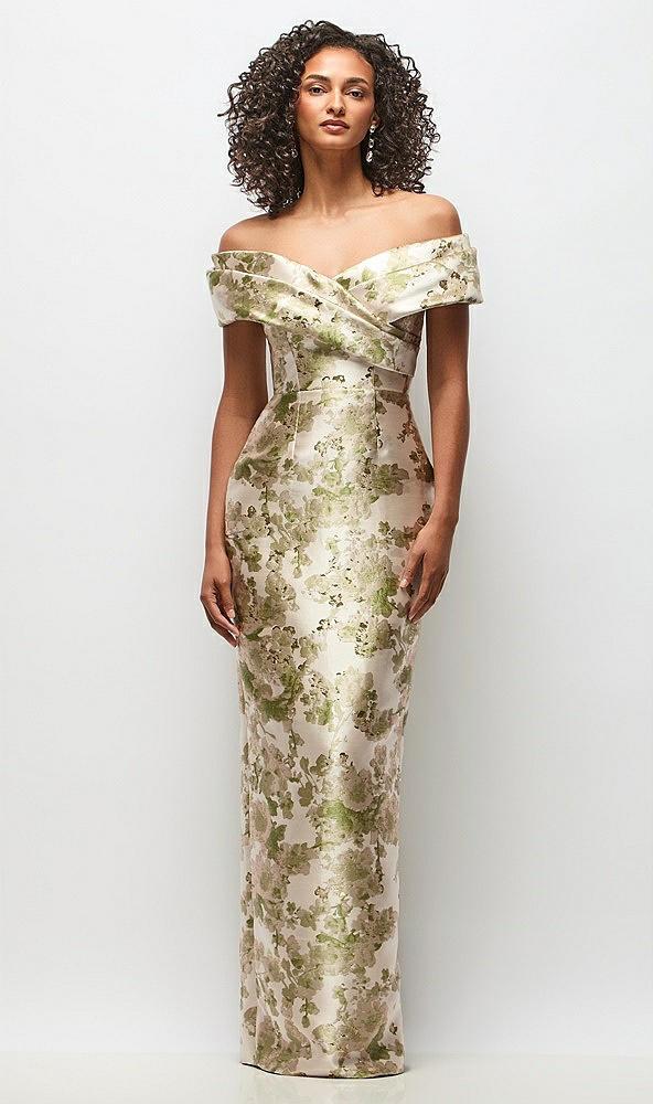 draped wrap off-the-shoulder abstract floral jacquard column maxi dress