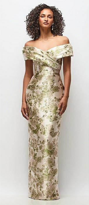 draped wrap off-the-shoulder abstract floral jacquard column maxi dress