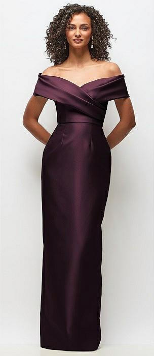 draped wrap off-the-shoulder satin column floral maxi dress