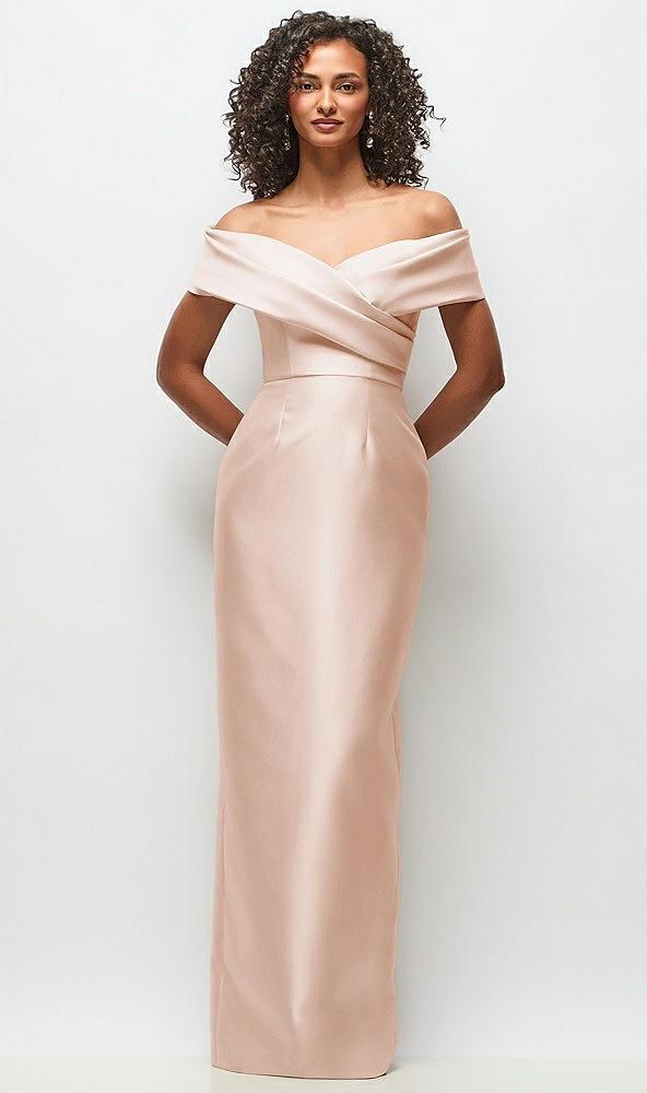 draped wrap off-the-shoulder satin column floral maxi dress