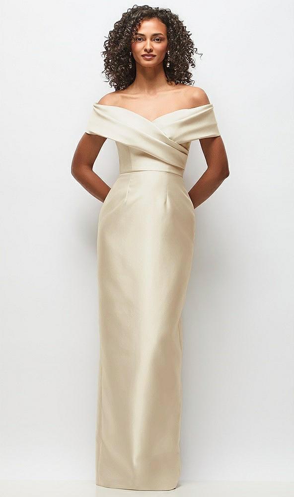 draped wrap off-the-shoulder satin column floral maxi dress