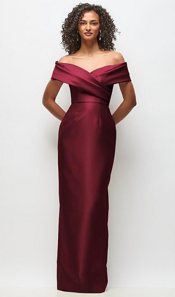 draped wrap off-the-shoulder satin column floral maxi dress