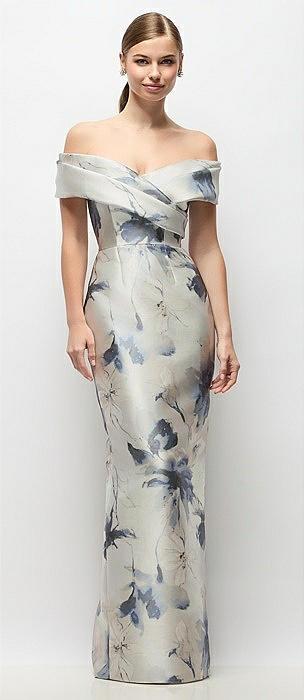 draped wrap off-the-shoulder satin column maxi dress