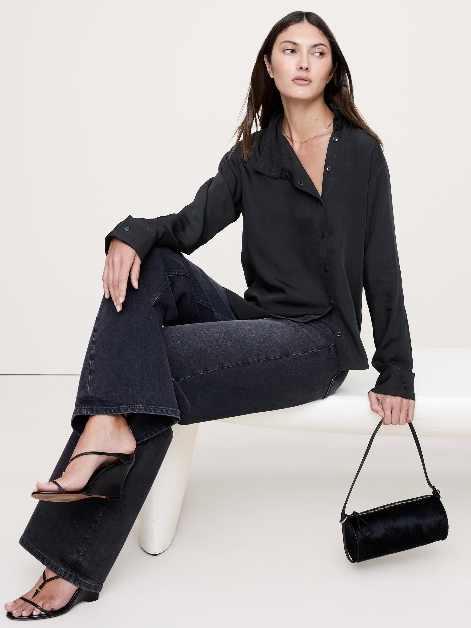 drapey twill asymmetrical button-front blouse