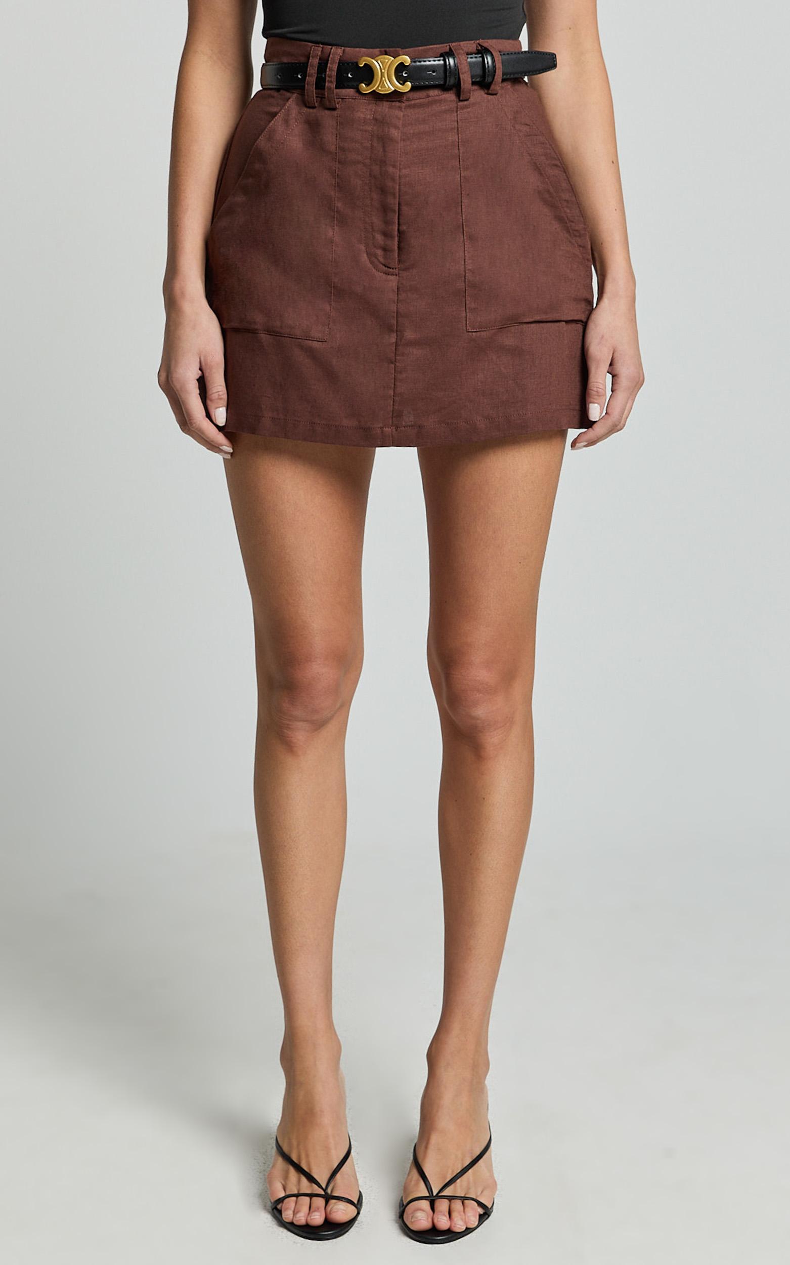 dream linen blend skort - high waisted a line skort in brown
