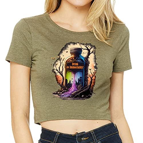 drink of immortality women's cropped t-shirt - graphic crop top - colorful cropped tee - heather olive, m/l