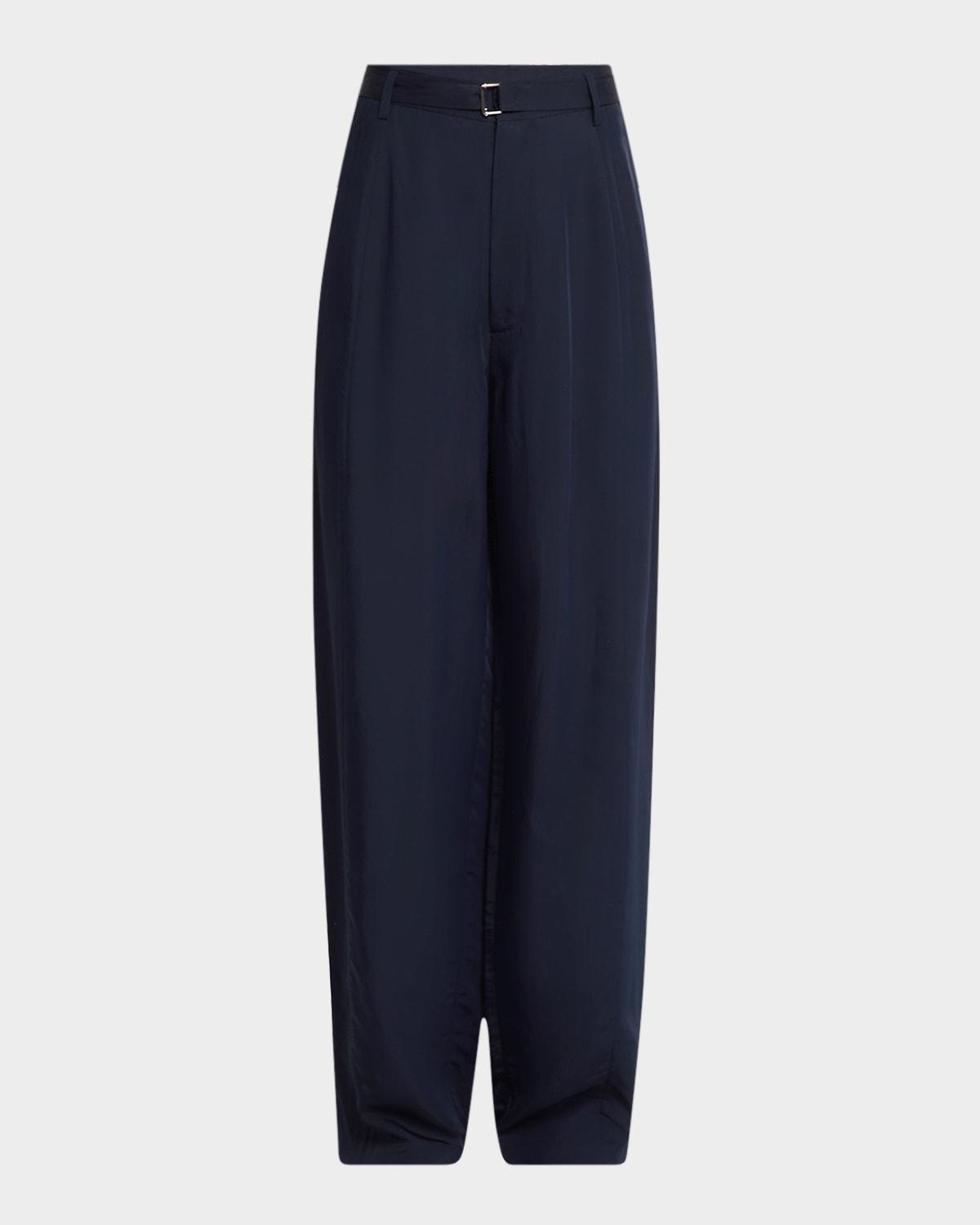 drop-crotch pleated straight-leg pants with belt