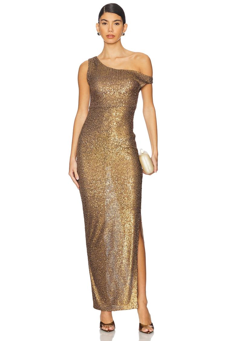 drop shoulder fitted gown