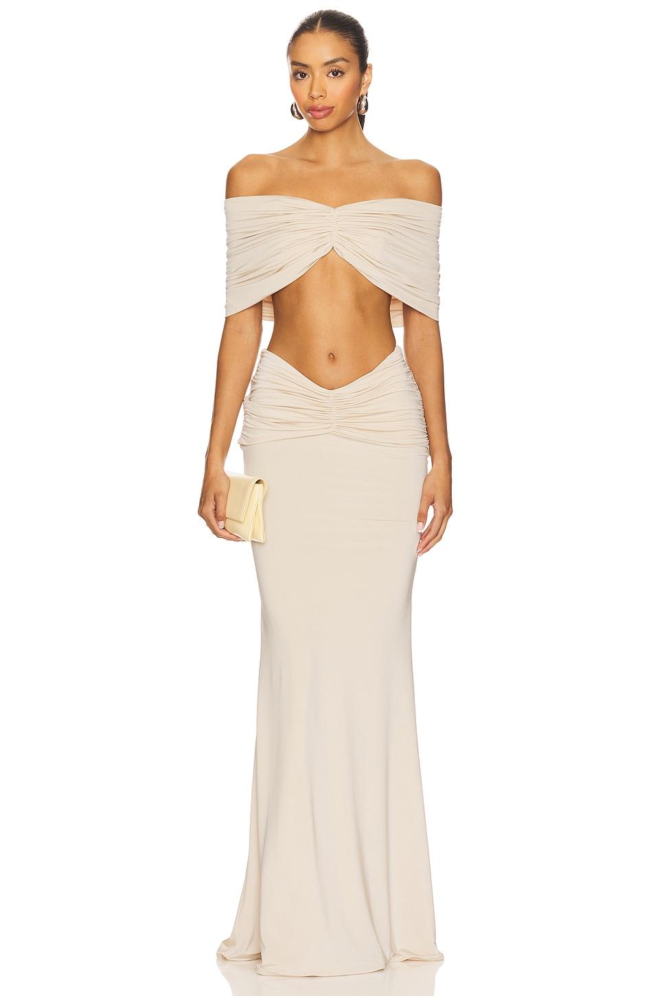 drop shoulder top and draped long skirt set