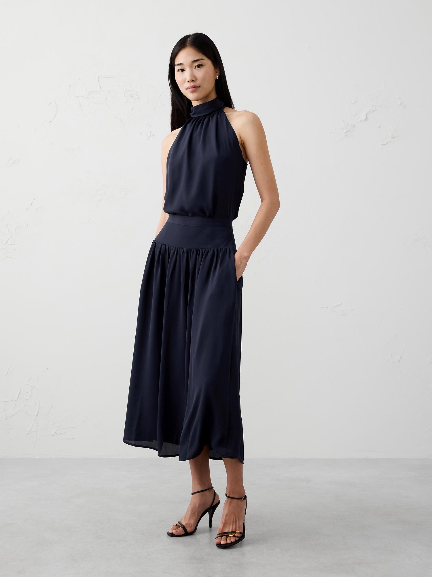 dropped-waist midi skirt